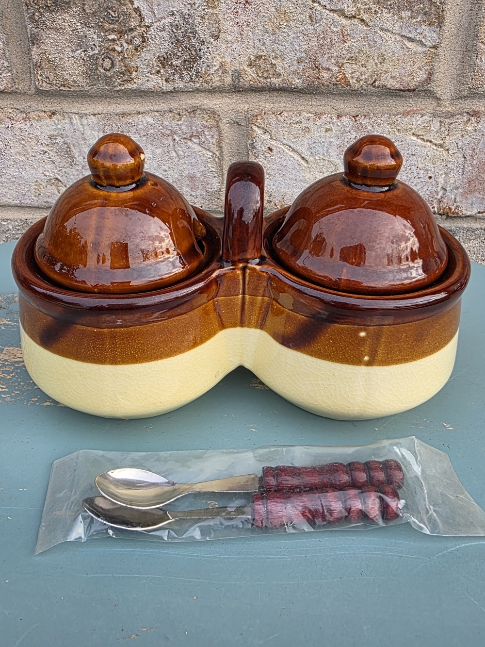 Vintage Brown Drip Glaze Double Jam Pot Condiment Server